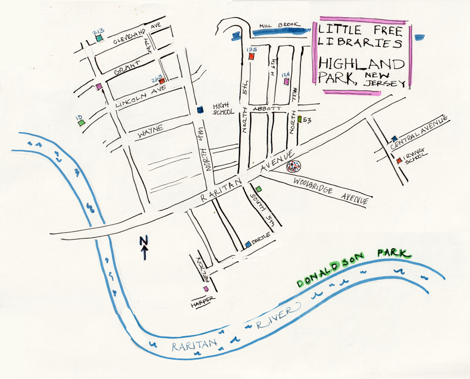 Map of little free libraries in Highland Park, New Jersey